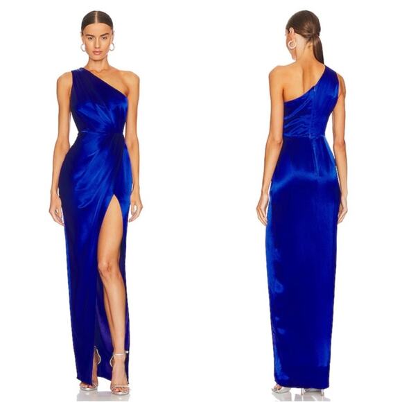 SAU LEE Preston One Shoulder Ruched Draped Maxi Dress in Egyptian Blue Size 4 - Picture 1 of 6